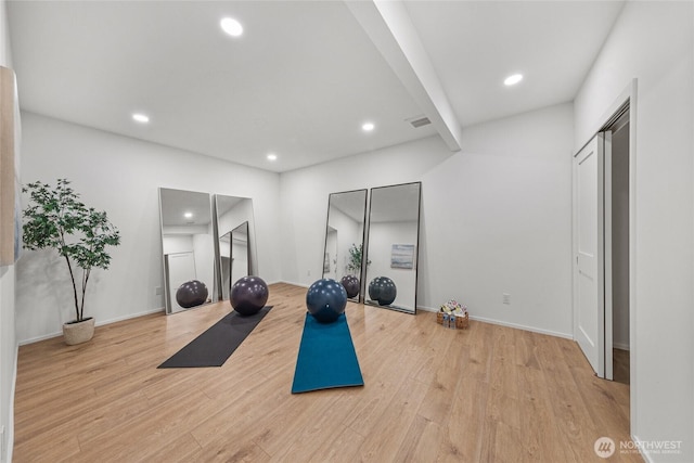 27923 NE 49th St, Redmond, WA 98053 - workout room with recessed lighting, light wood-style flooring, and baseboards