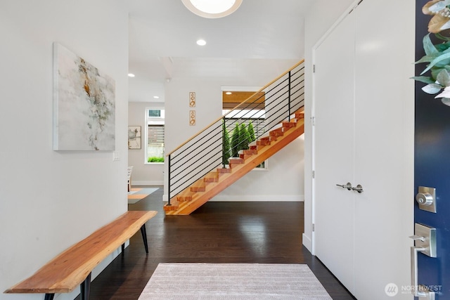 21955 SE 30th Pl, Sammamish, WA 98075 - foyer featuring stairway, wood finished floors, baseboards, and recessed lighting