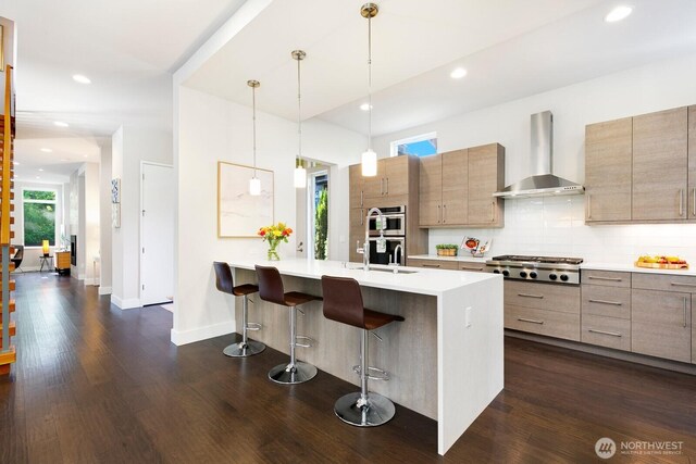 21955 SE 30th Pl, Sammamish, WA 98075 - kitchen with wall chimney range hood, stainless steel appliances, modern cabinets, a kitchen breakfast bar, and light countertops
