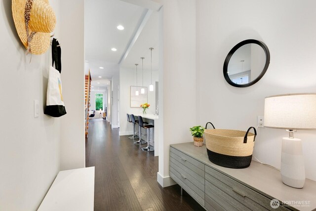 21955 SE 30th Pl, Sammamish, WA 98075 - hallway with dark wood-style flooring, recessed lighting, and baseboards
