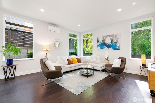 21955 SE 30th Pl, Sammamish, WA 98075 - living room featuring a wall mounted AC, baseboards, hardwood / wood-style flooring, and recessed lighting