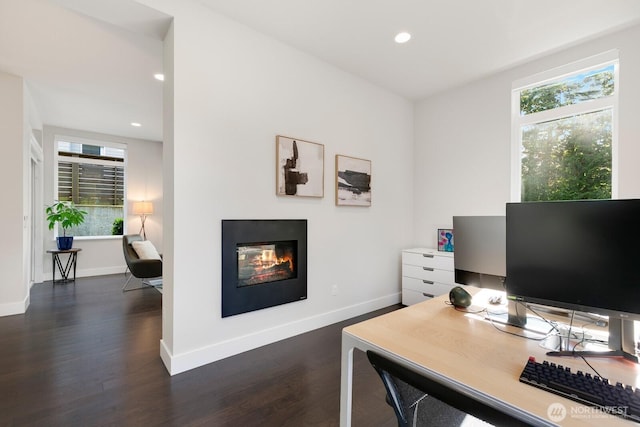 21955 SE 30th Pl, Sammamish, WA 98075 - office space featuring dark wood-style floors, a glass covered fireplace, baseboards, and recessed lighting