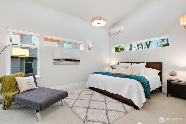 21955 SE 30th Pl, Sammamish, WA 98075 - carpeted bedroom featuring a wall mounted air conditioner, baseboards, and high vaulted ceiling