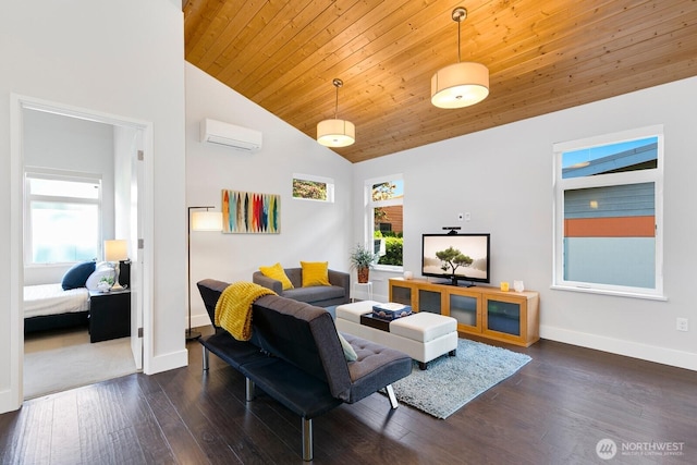 21955 SE 30th Pl, Sammamish, WA 98075 - living room with dark wood finished floors, baseboards, wood ceiling, an AC wall unit, and high vaulted ceiling