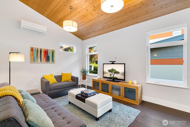 21955 SE 30th Pl, Sammamish, WA 98075 - living room featuring wooden ceiling, baseboards, an AC wall unit, wood finished floors, and high vaulted ceiling