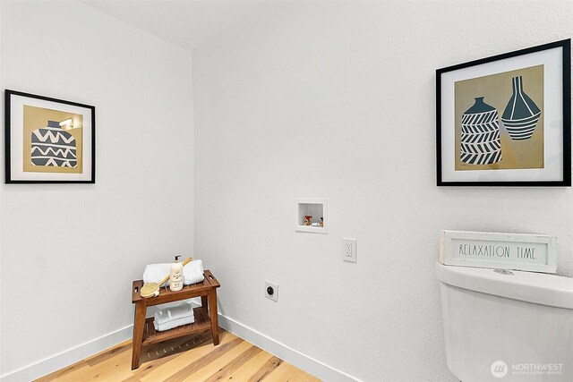 9819 Park Ave S, Tacoma, WA 98444 - washroom with light wood finished floors, baseboards, electric dryer hookup, and washer hookup