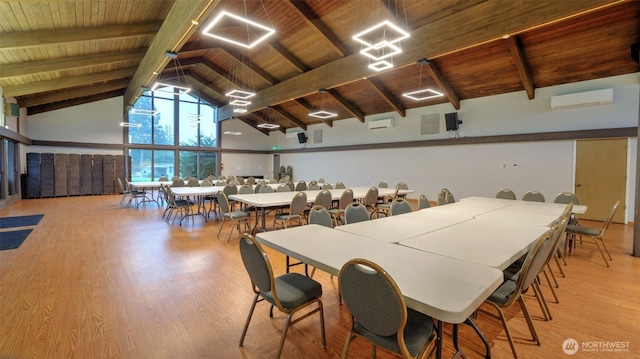 2101 S 324th St Unit 9, Federal Way, WA 98003 - dining space with wood ceiling, an AC wall unit, beamed ceiling, light wood-style flooring, and high vaulted ceiling