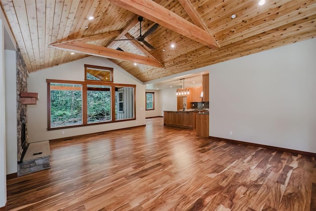 2075 NW Peterson Rd, Poulsbo, WA 98370 - unfurnished living room with light wood-type flooring, beamed ceiling, wooden ceiling, baseboards, and a ceiling fan