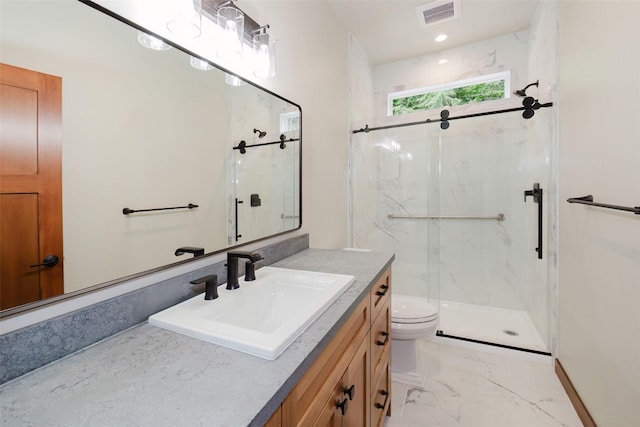 2075 NW Peterson Rd, Poulsbo, WA 98370 - bathroom featuring a marble finish shower, toilet, vanity, and marble finish flooring