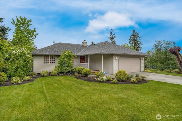 ranch-style home with concrete driveway, a garage, a front lawn, and a chimney