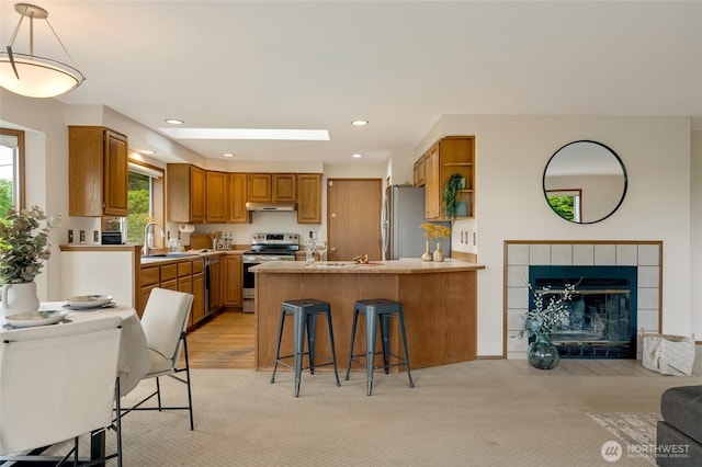 kitchen featuring appliances with stainless steel finishes, under cabinet range hood, a peninsula, light carpet, and open shelves