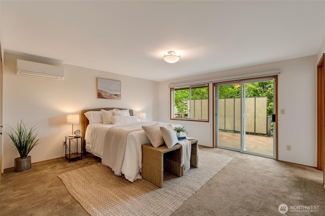 bedroom with a wall mounted air conditioner, light colored carpet, access to outside, and baseboards