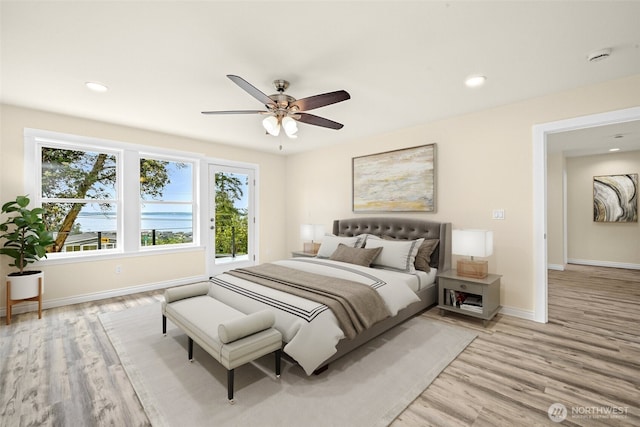 691 N W Camano Dr, Camano Island, WA 98282 - bedroom with light wood finished floors, baseboards, recessed lighting, and ceiling fan