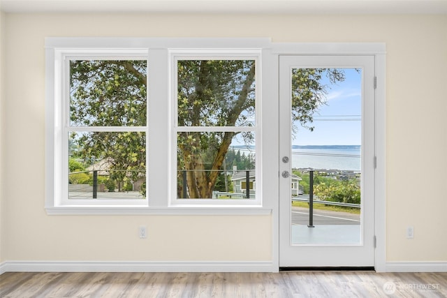 691 N W Camano Dr, Camano Island, WA 98282 - entryway featuring a water view, plenty of natural light, baseboards, and light wood-style floors