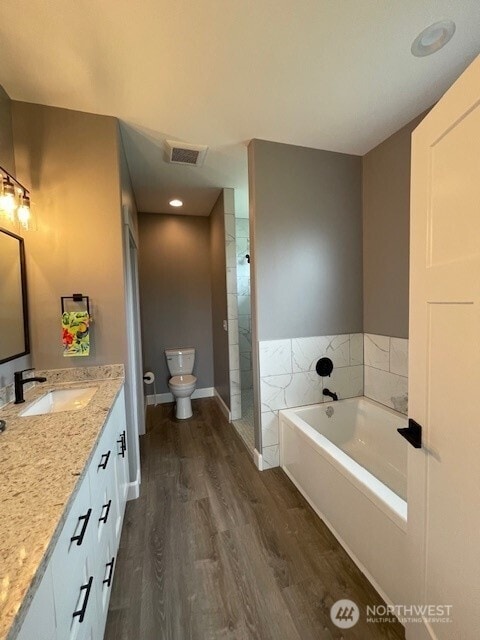 9 Columbia View Dr, Brewster, WA 98812 - bathroom with toilet, wood finished floors, vanity, a garden tub, and a shower stall