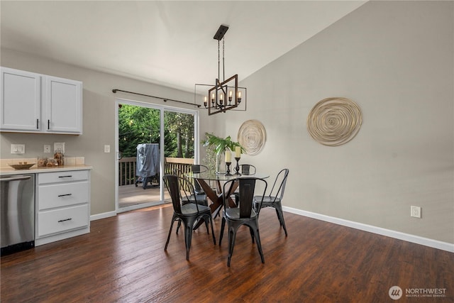 13014 97th Ave NW, Gig Harbor, WA 98329 - dining area with baseboards, a chandelier, dark wood-style floors, and lofted ceiling