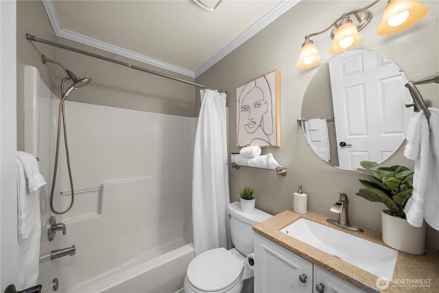 13014 97th Ave NW, Gig Harbor, WA 98329 - bathroom with ornamental molding, shower / tub combo with curtain, toilet, and vanity