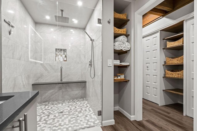4706 Scenic Dr, Yakima, WA 98908 - full bath featuring a shower stall, wood finished floors, baseboards, and recessed lighting