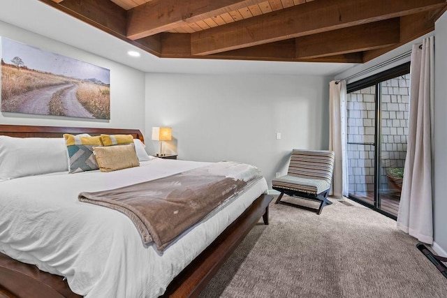 4706 Scenic Dr, Yakima, WA 98908 - bedroom with access to exterior, beam ceiling, carpet flooring, wood ceiling, and recessed lighting