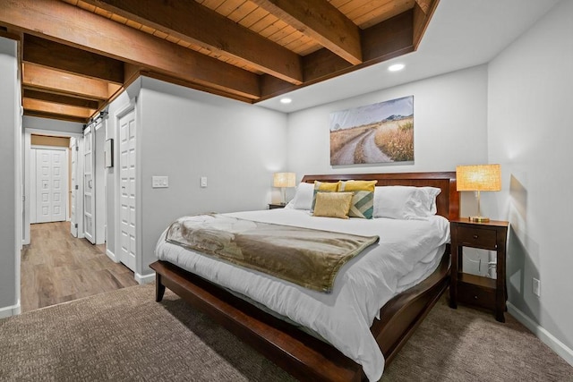 4706 Scenic Dr, Yakima, WA 98908 - bedroom with beam ceiling, baseboards, wood ceiling, recessed lighting, and wood finished floors