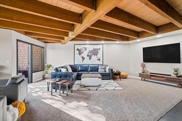 4706 Scenic Dr, Yakima, WA 98908 - carpeted living room featuring beamed ceiling, baseboards, wooden ceiling, and recessed lighting