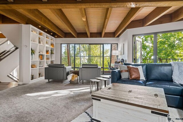 4706 Scenic Dr, Yakima, WA 98908 - living room featuring beamed ceiling, wood ceiling, and carpet floors