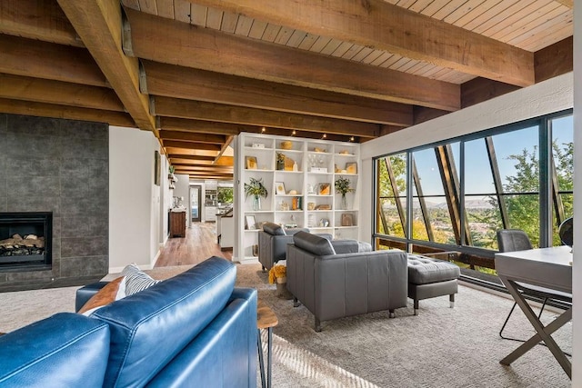 4706 Scenic Dr, Yakima, WA 98908 - living area with beamed ceiling, wooden ceiling, and a tiled fireplace