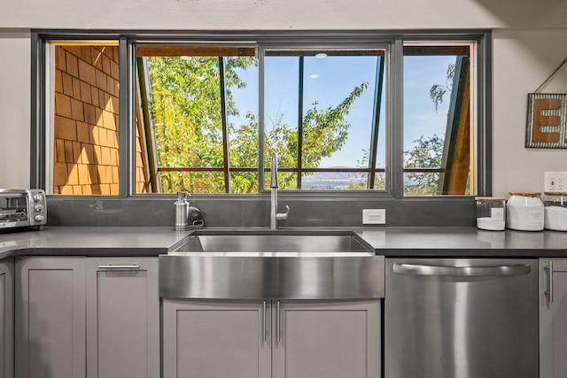 4706 Scenic Dr, Yakima, WA 98908 - kitchen featuring stainless steel dishwasher, healthy amount of natural light, a sink, and dark countertops