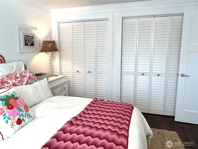 bedroom featuring multiple closets and dark wood-style floors