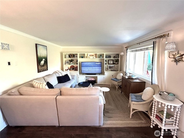 living room with crown molding