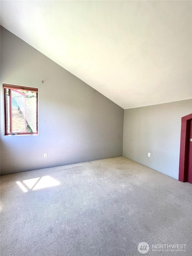 additional living space featuring vaulted ceiling and carpet flooring