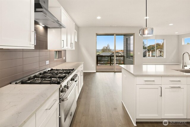kitchen with high end stainless steel range oven, wall chimney range hood, backsplash, white cabinetry, and wood finished floors
