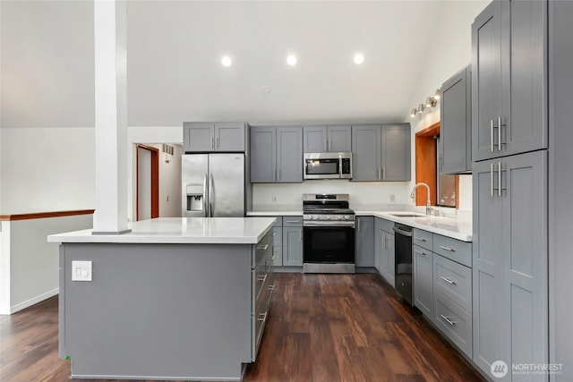 18323 23rd Dr SE, Bothell, WA 98012 - kitchen featuring appliances with stainless steel finishes, gray cabinetry, a sink, lofted ceiling, and dark wood-type flooring
