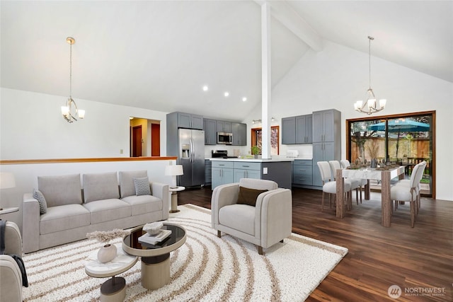18323 23rd Dr SE, Bothell, WA 98012 - living area with a chandelier, high vaulted ceiling, beam ceiling, and dark wood-style flooring