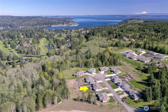 aerial overview of property's location featuring a forest and a large body of water