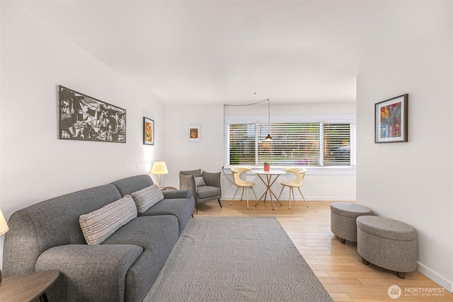 living room featuring wood finished floors and baseboards