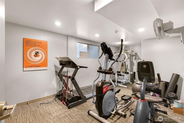 exercise area with carpet floors, recessed lighting, and baseboards