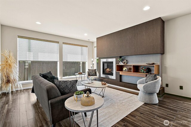 30429 121st Pl SE, Auburn, WA 98092 - living area featuring a glass covered fireplace, wood finished floors, recessed lighting, and baseboards