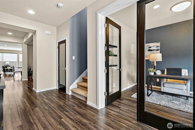 30429 121st Pl SE, Auburn, WA 98092 - hallway featuring dark wood-style floors, baseboards, stairs, a desk, and recessed lighting
