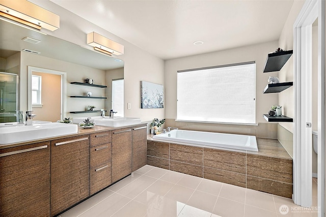 30429 121st Pl SE, Auburn, WA 98092 - full bath with a bath, double vanity, tile patterned floors, and a shower with door