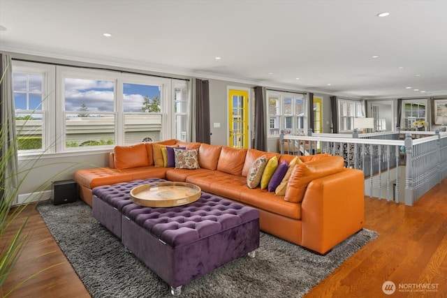 living area featuring crown molding, plenty of natural light, wood finished floors, and recessed lighting