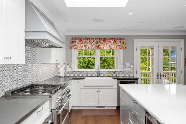 kitchen with high end range, a sink, premium range hood, dark wood finished floors, and plenty of natural light