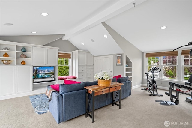 living area with light colored carpet, recessed lighting, and baseboards