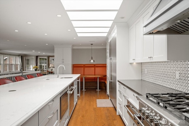 kitchen featuring extractor fan, a sink, stainless steel appliances, decorative backsplash, and white cabinets