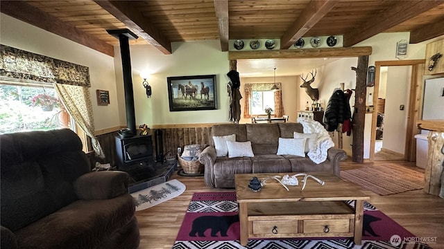 26 Newby Creek Rd, Twisp, WA 98856 - living area featuring a wood stove, wooden ceiling, wood finished floors, beamed ceiling, and wainscoting
