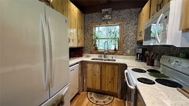 26 Newby Creek Rd, Twisp, WA 98856 - kitchen featuring white appliances, a sink, light countertops, backsplash, and light wood-type flooring