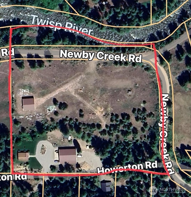 26 Newby Creek Rd, Twisp, WA 98856 - aerial view of property's location featuring property parcel outlined
