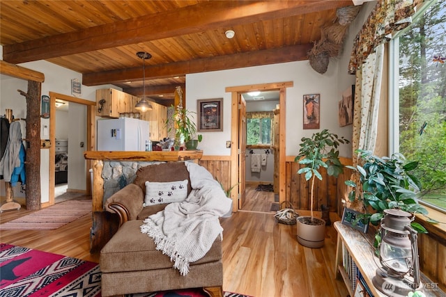 26 Newby Creek Rd, Twisp, WA 98856 - living area with wainscoting, light wood-style flooring, a wooden ceiling with exposed beams, and wooden walls