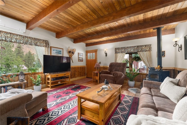 26 Newby Creek Rd, Twisp, WA 98856 - living room with a wooden ceiling with exposed beams, wood finished floors, a wainscoted wall, a wood stove, and wooden walls