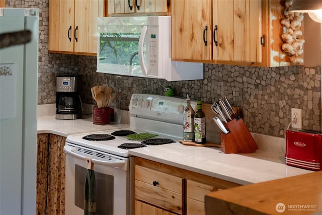 26 Newby Creek Rd, Twisp, WA 98856 - kitchen featuring white appliances, light brown cabinetry, and backsplash